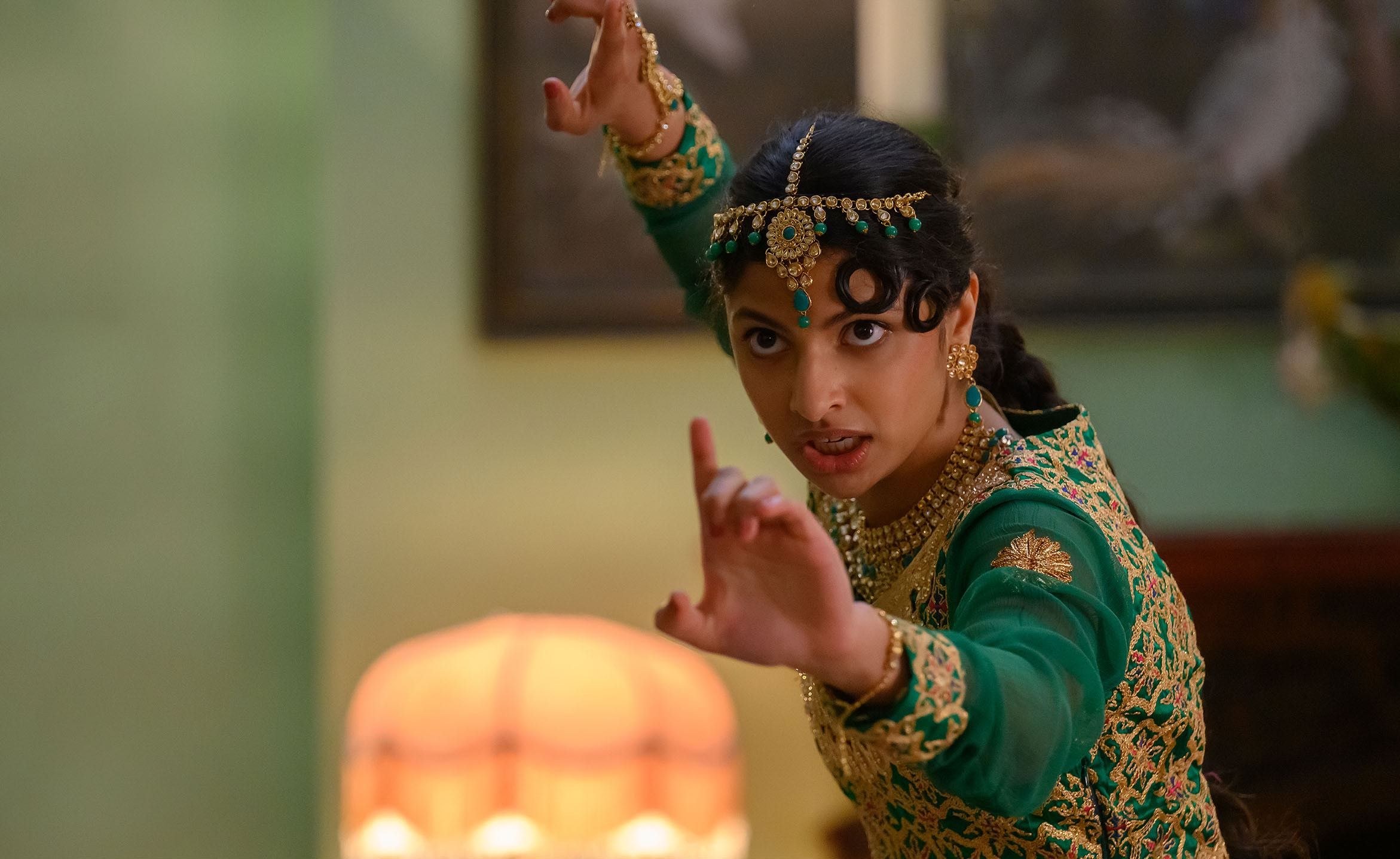Priya Kansara shows off mad martial arts moves in full marriage regalia in "Polite Society"  / Photo credit: Tariza Pahizadeh, Focus Features