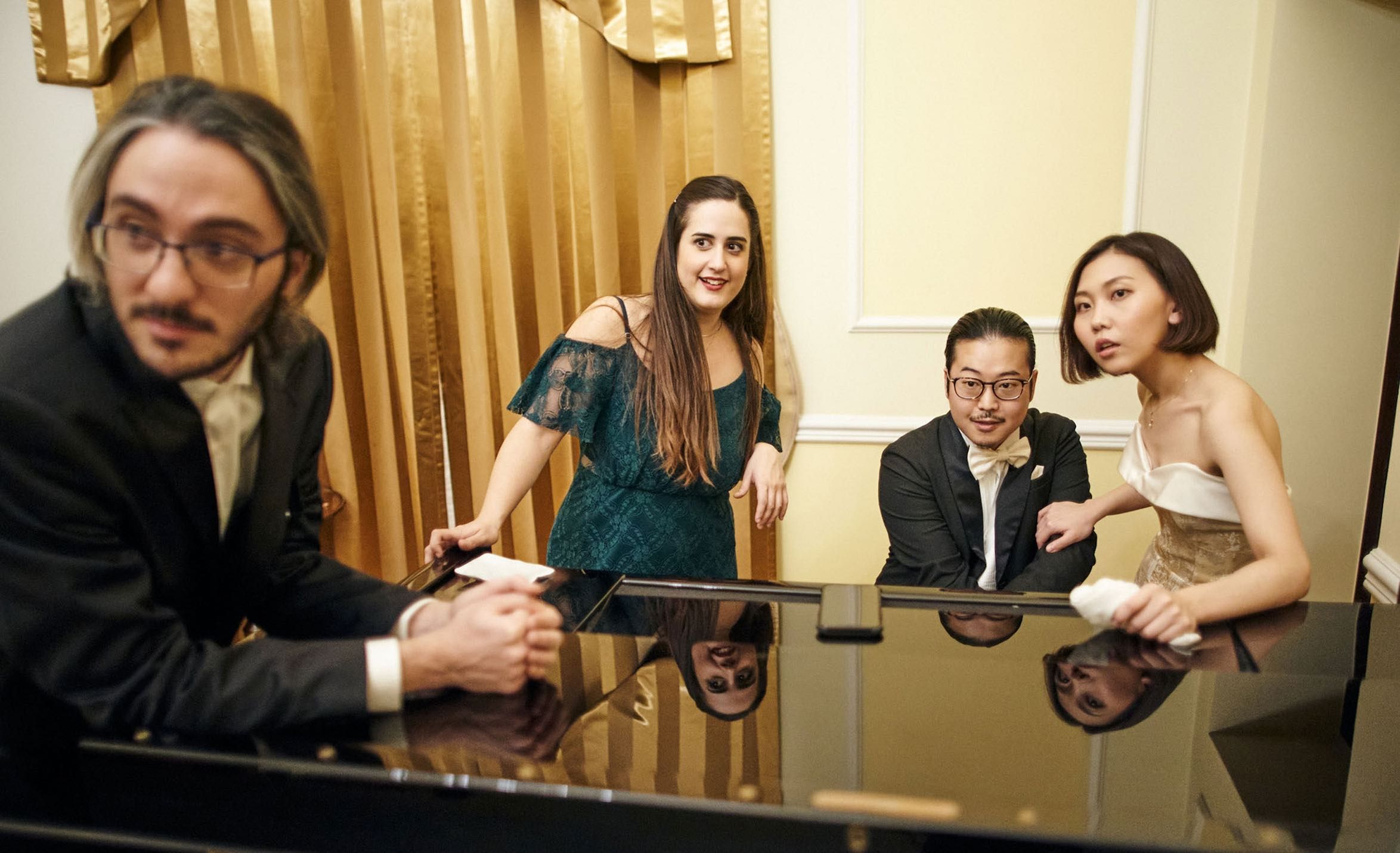 Friends and rivals: Gardjiev, Armellini, Sorita and Kobayashi face off in Pianoforte / Photo by Darek Golik, courtesy of Sundance Institute